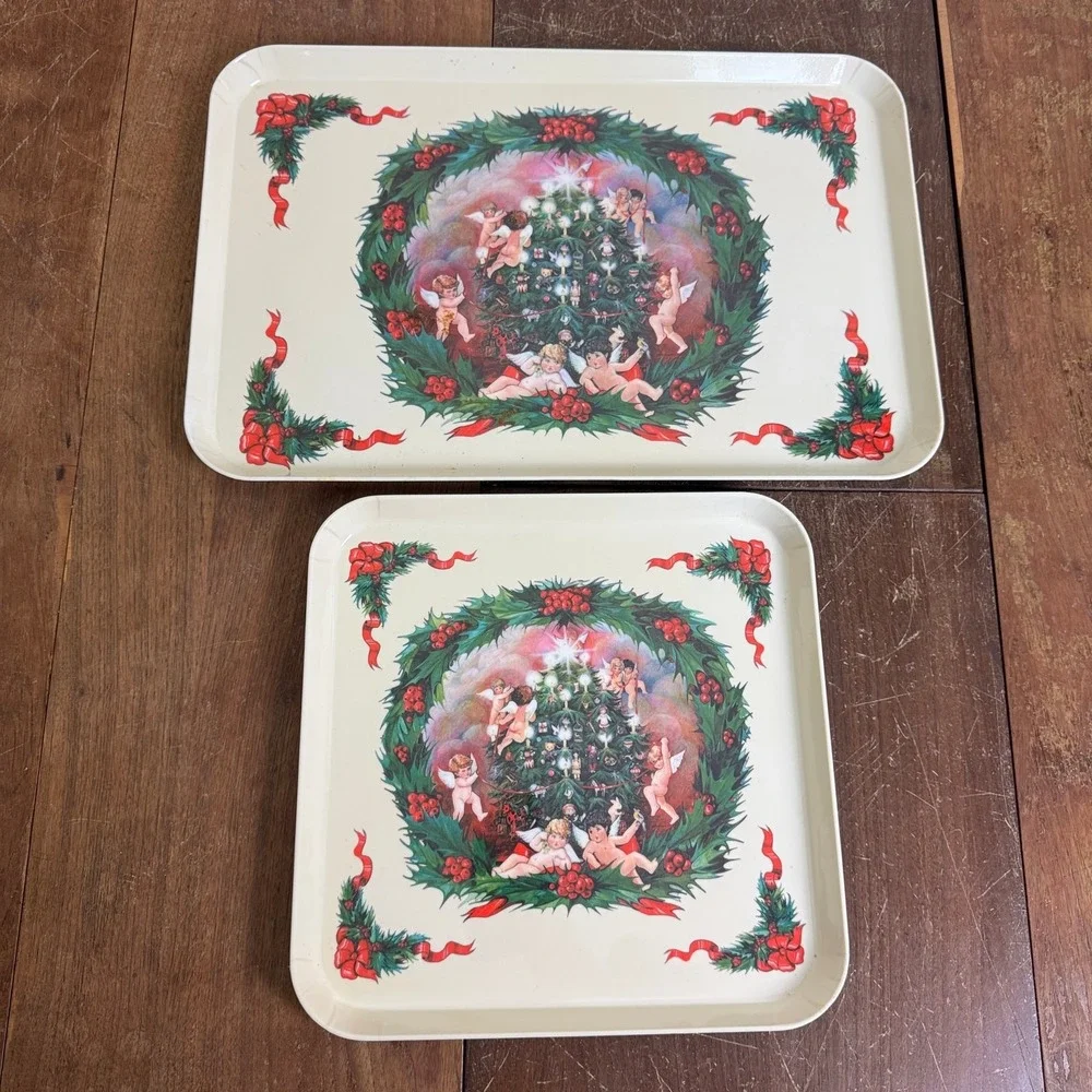 Design Imports Italy Vintage Christmas Cherub Angel Melamine Serving Trays Set 2